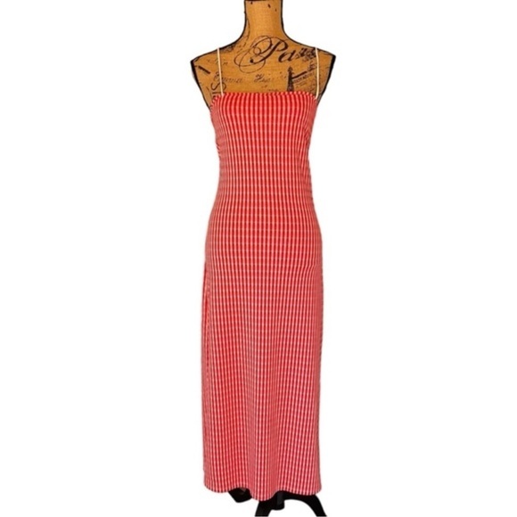 Zara Dresses & Skirts - ZARA Midi length red white checked stretch sleeveless t-straps size S